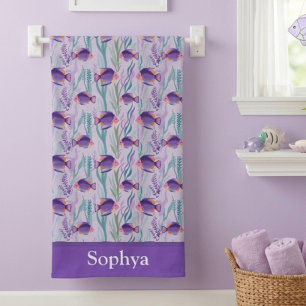Personalized Purple Tropical Fish Bath Towel