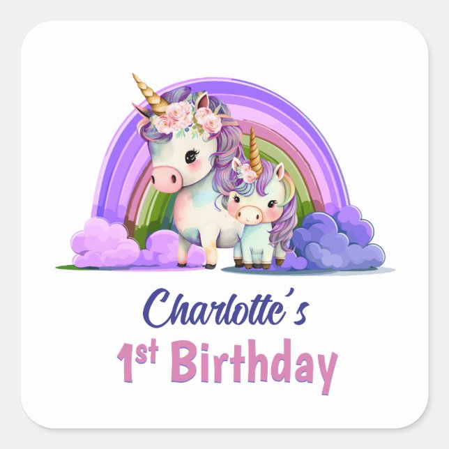 Personalized Purple Unicorn 1st Birthday Square Sticker (Front)
