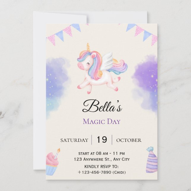 Personalized Purple Unicorn  Birthday Invitation (Front)