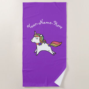 Personalized Purple Unicorn blue and pink flowers Beach Towel