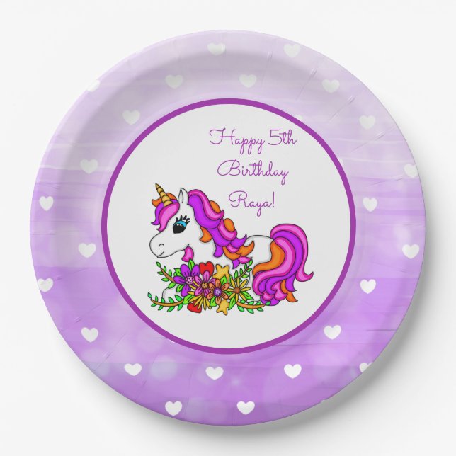 Personalized Purple Unicorn Happy Birthday Paper Plates (Front)