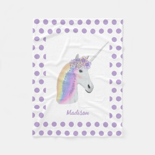 Personalized Purple Unicorn Rainbow Dots Girls Fleece Blanket