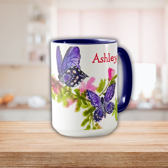 Personalized Purple Watercolor Butterfly & Flowers Mug (Personalized Purple Watercolor Butterfly & Flowers Mug)