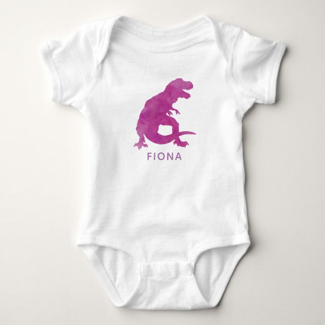 Personalized Purple Watercolor Dinosaur Baby Girl Bodysuit (Front)