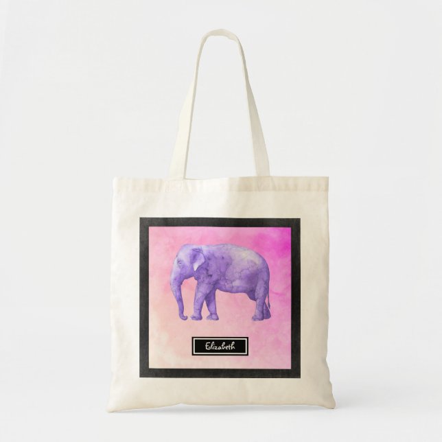 Personalized Purple Watercolor Elephant Tote Bag (Front)