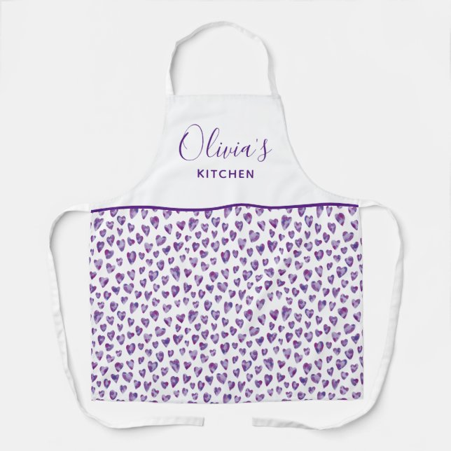 Personalized Purple Watercolor Heart Pattern Apron (Front)