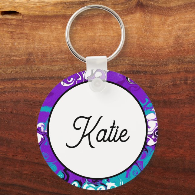 Personalized Purple Waves Fluid Art Keychain (Back)