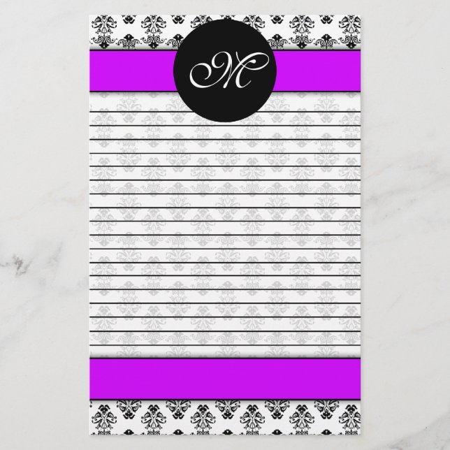 Personalized Purple & White Damask Lined Monogram Stationery (Front)