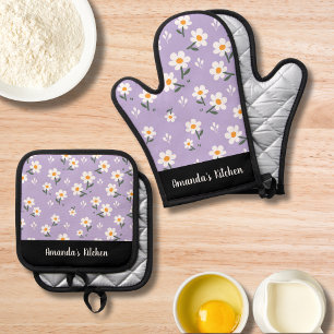 Personalized Purple White Floral Bloom Kitchen Oven Mitt & Pot Holder Set