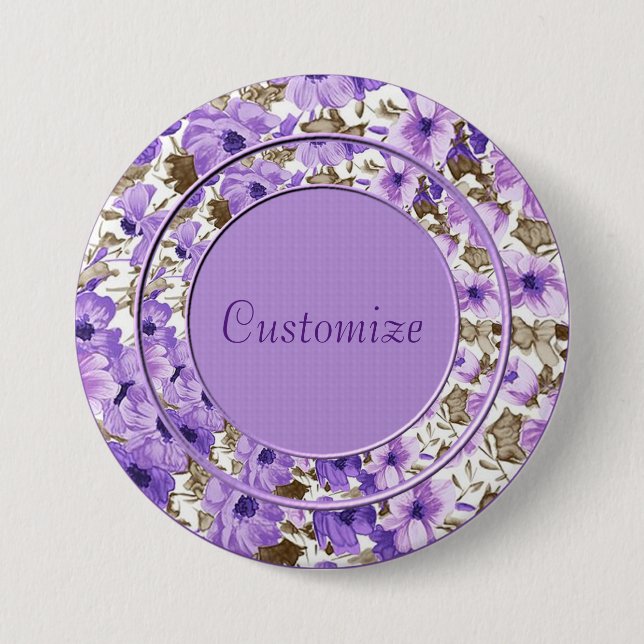 Personalized Purple & White Floral Round Button (Front)