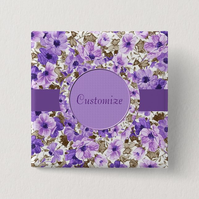 Personalized Purple & White Floral Square Button (Front)