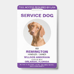 Personalized purple White Service Dog Photo ID Badge