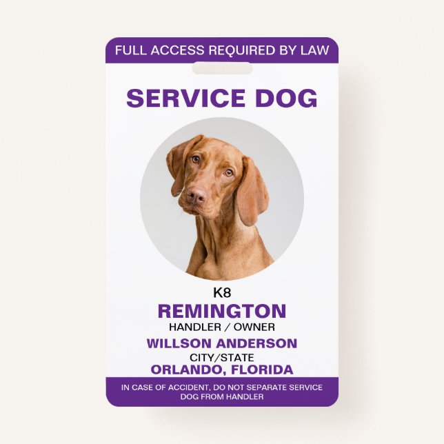 Personalized purple White Service Dog Photo ID Badge (Front)