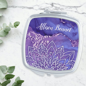 Personalized Purple White Watercolor Mandala Compact Mirror by DoodlesGiftShop at Zazzle