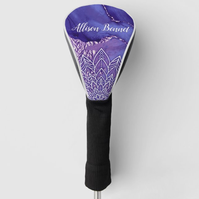 Personalized Purple White Watercolor Mandala Golf Head Cover (Front)