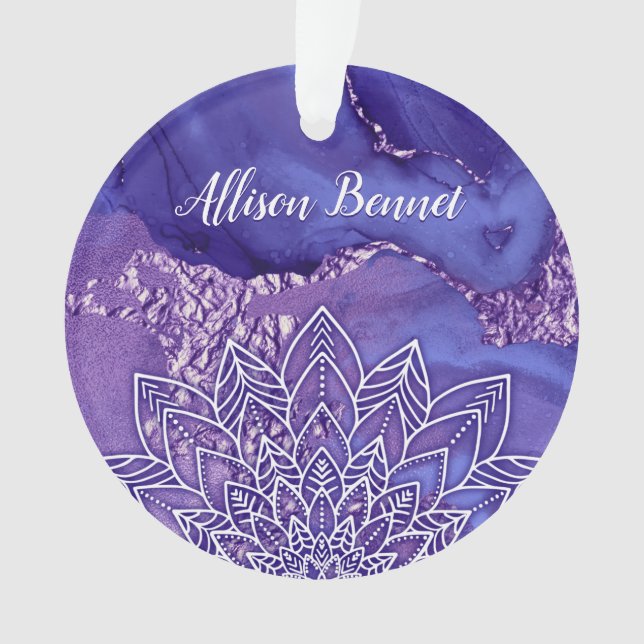 Personalized Purple White Watercolor Mandala Ornament (Front)