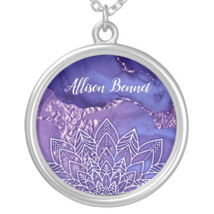 Personalized Purple White Watercolor Mandala Silver Plated Necklace