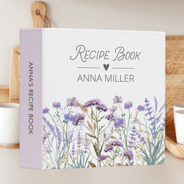 Personalized Purple Wildflower Floral Recipe 3 Ring Binder (In situ)