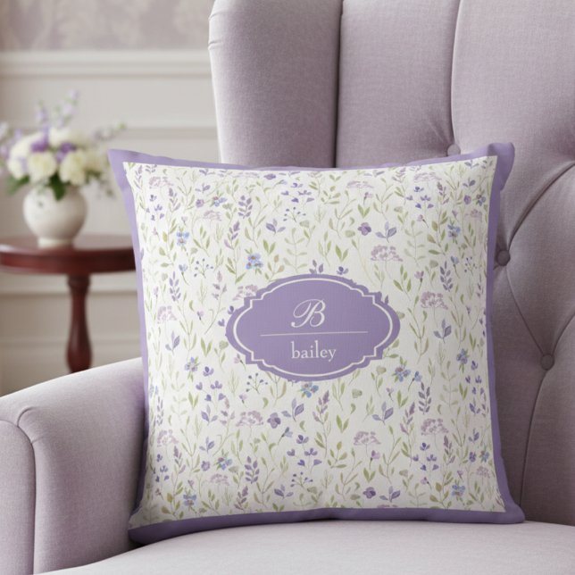 Personalized Purple Wildflower Monogram Throw Pillow (purple wildflower floral throw pillow with custom monogram initial and name in script typography)