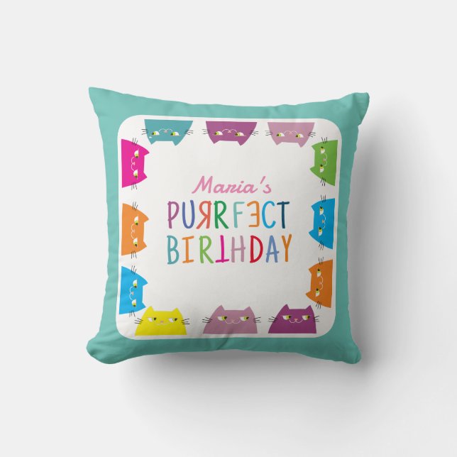 Personalized Purrfect Birthday Throw Pillow (Front)