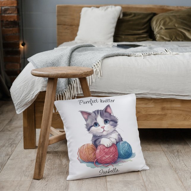 Personalized Purrfect Knitter Cat for Yarn Lovers Throw Pillow (A great pillow for anyone who loves cats and knitting. This watercolor illustration of a cute kitty.)