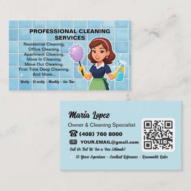 Personalized QR Code Maid House Cleaning Service Business Card (Front/Back)