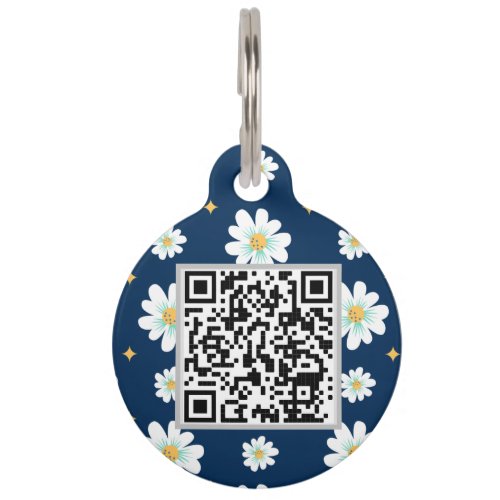 Personalized QR Code Navy Blue Floral Dog  Pet ID Tag