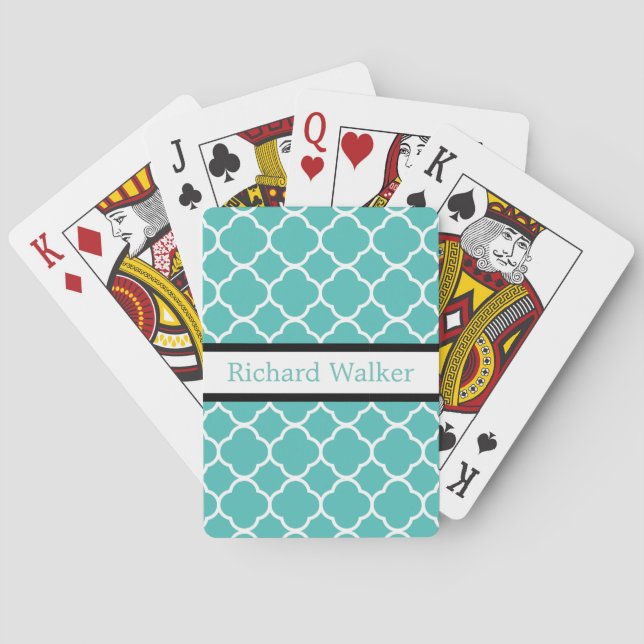 Personalized Quatrefoil Pattern Teal Green Design Poker Cards (Back)