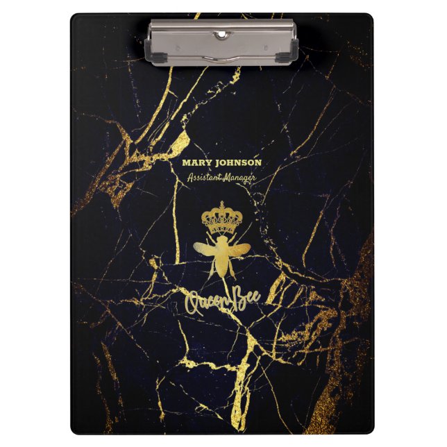 Personalized QUEEN BEE Gold Black Marble Clipboard (Front)