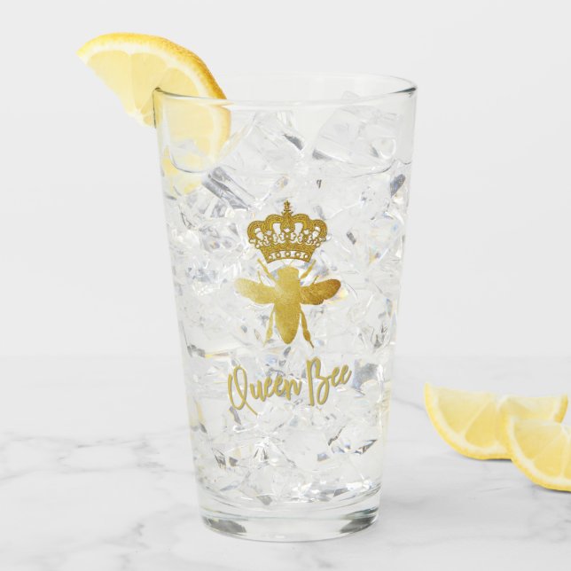 Personalized ★ QUEEN BEE ★ Gold Crown Tall Glass (Front Ice)