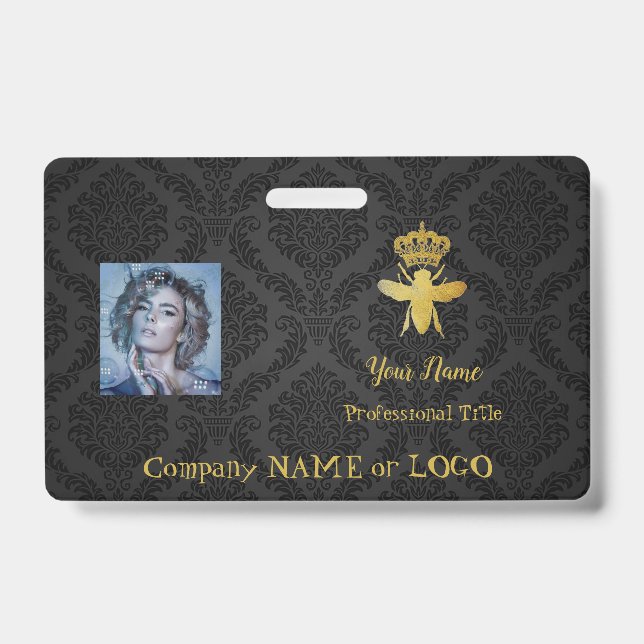 Personalized QUEEN BEE Name Tag Badge GOLD BLACK (Front)