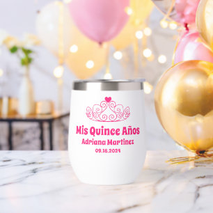 Personalized Quince Crown Años Party Favors Thermal Wine Tumbler