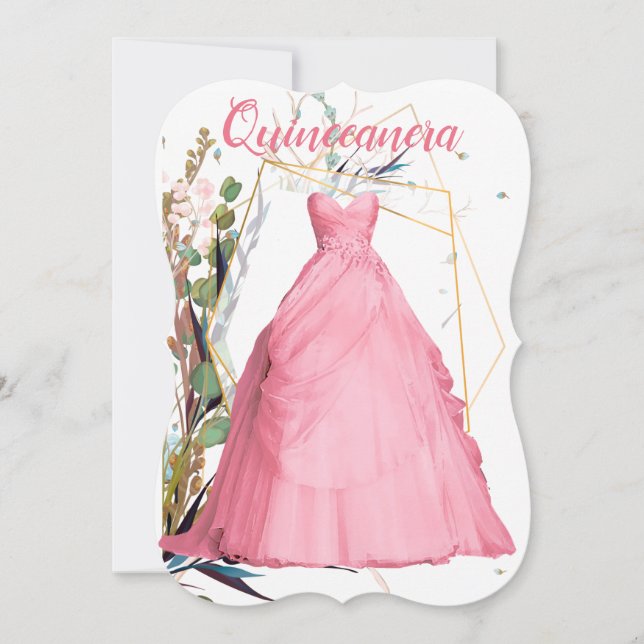 Personalized Quinceañera Elegant Pink Dress Invitation (Front)