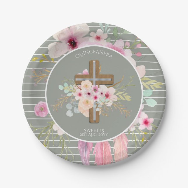 Personalized QUINCEANERA Gifts - Floral Cross Paper Plates (Front)