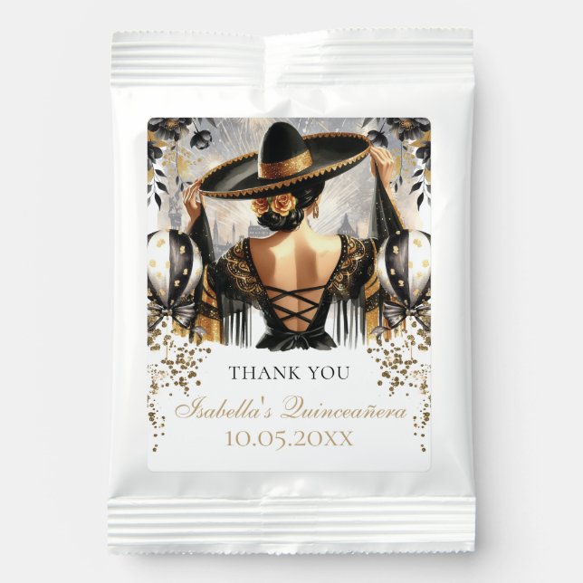 Personalized Quinceañera Luxury Black Gold Margarita Drink Mix (Front)