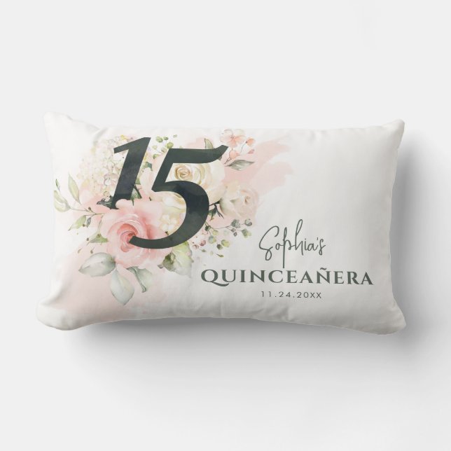 Personalized Quinceanera Pink Floral 15th Birthday Lumbar Pillow (Front)