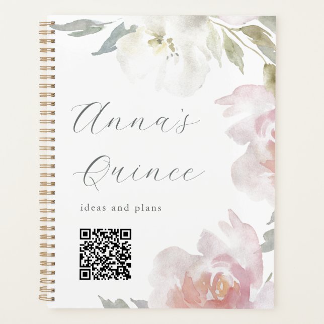 Personalized Quinceanera Pink Floral QR Code Planner (Front)
