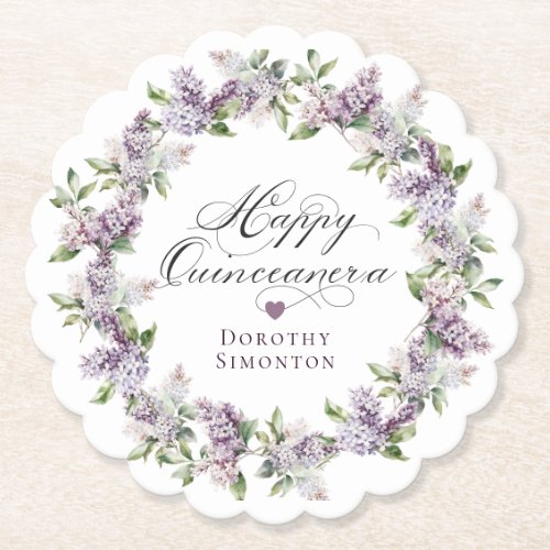 Personalized Quinceanera Purple Lilac Flower Paper Coaster
