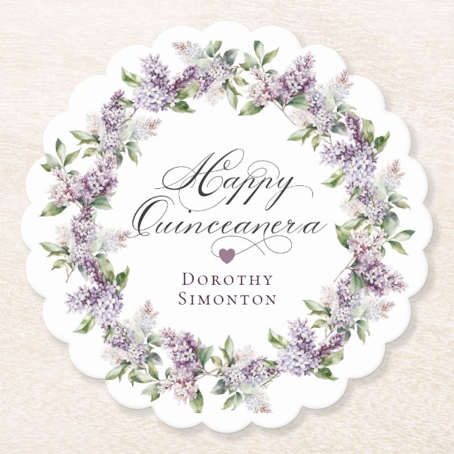 Personalized Quinceanera Purple Lilac Flower Paper Coaster (Front)