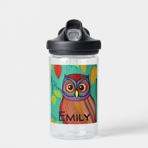 Personalized Quirky Colorful Folk Art Abstract Owl Water Bottle