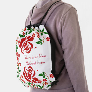 Personalized Quote Red Rustic Roses Green Foliage Drawstring Bag