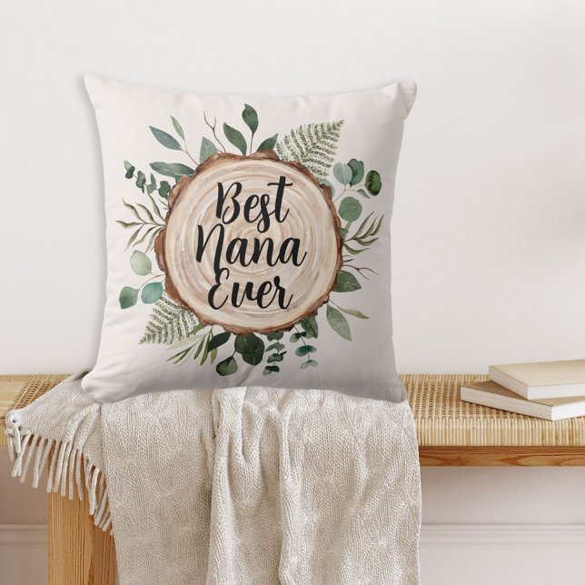 Personalized Quote Rustic Wood and Green Foliage Throw Pillow (In situ)