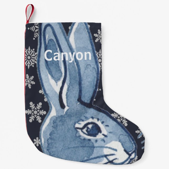 Personalized Rabbit Bunny Blue White Snowflake Art Small Christmas Stocking (Front)