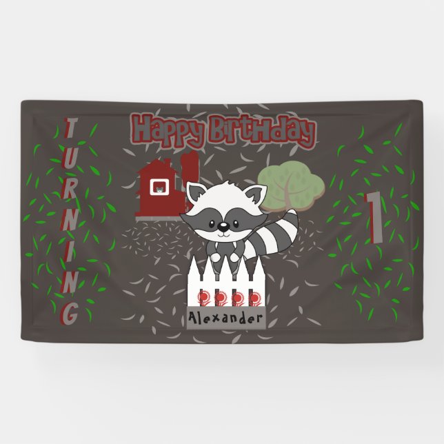 Personalized Raccoon Animal Theme Birthday Party Banner (Horizontal)