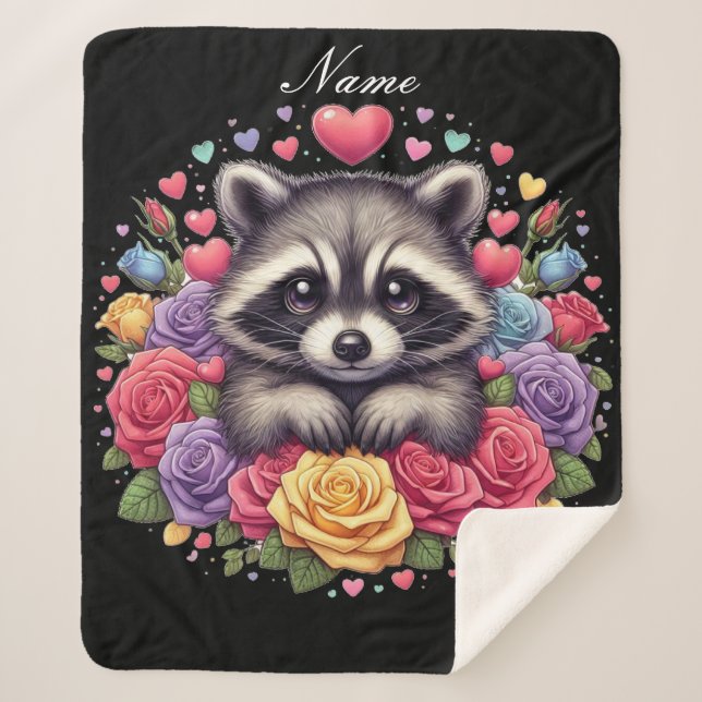Personalized Raccoon with Flowers and Hearts Sherpa Blanket (Front)