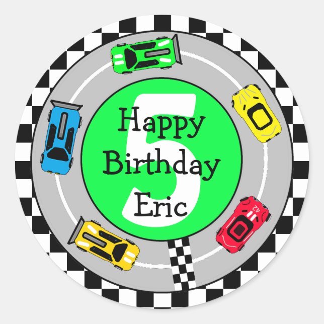 Personalized Race Car Boy's Birthday Classic Round Sticker (Front)
