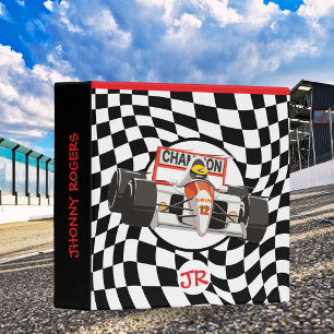 Personalized Race Car Checkered Flag Name Boys  3 Ring Binder