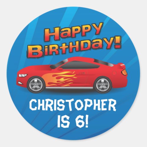 Personalized Race Car Flames Boys Birthday Party Classic Round Sticker