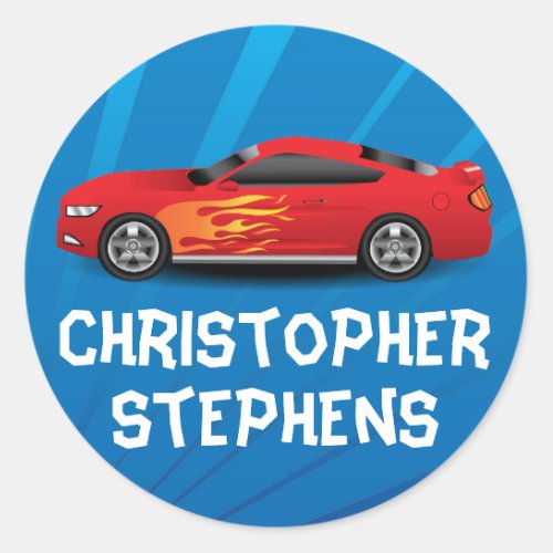 Personalized Race Car Flames Boys SchoolName Classic Round Sticker