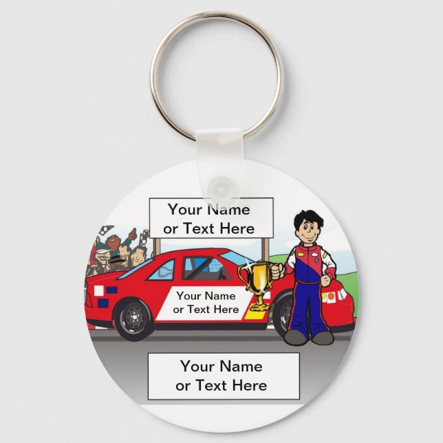 Personalized Race Car, Stock Car - Male Cartoon Keychain (Front)